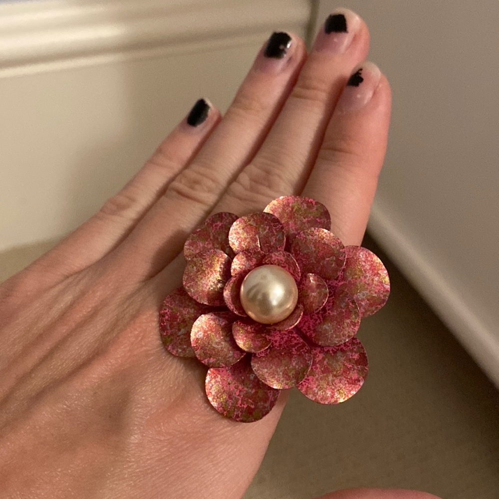 Large Pink Flower Ring with Pearl